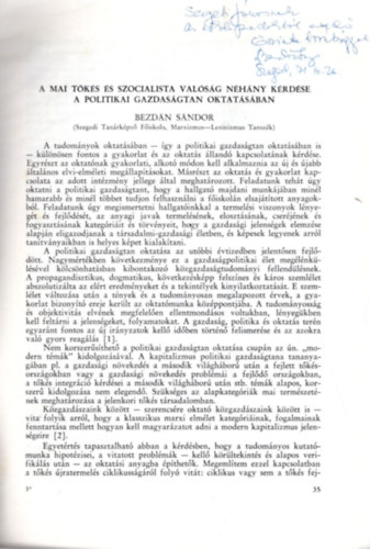 Bezdn Sndor - A mai tks s szocialista valsg nhny krdse a politikai gazdasgtan oktatsban - Klnlenyomat - Dediklt