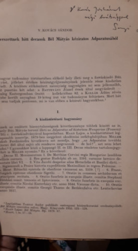 V. Kovcs Sndor - Elveszettnek hitt decason Bl Mtys kziratos Adparatusbl (Klnlenyomat a magyar knyvszemle 1973/2. szmbl)