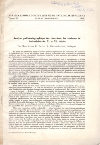 A. Kralovnszky K. ry Kinga - Analyse palosociographique des cimetires des environs de Szkesfehrvr (Xe et XIe sicles)