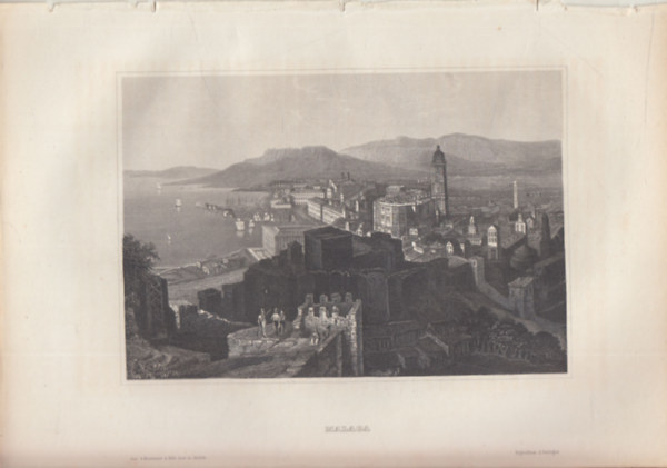 Malaga (Málaga, Spanyolország, Európa) (16x23,5 cm lapméretű eredeti acélmetszet, 1856-ból)
