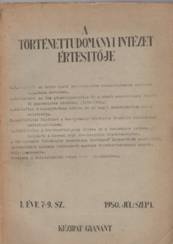 A Trtnettudomnyi Intzet rtestje I. vf. 7-9 sz. 1950 jl.-szept.