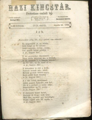 Ballagi Mr  Batizfalvi Istvn (szerk.) - Hzi kincstr. Protestns csaldi lap. 5-dik vfolyam. 9-ik szm. Aprilis 28. 1864.