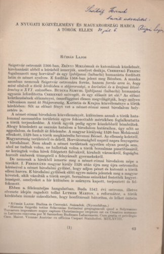 Rzss Lajos - A nyugati kzvlemny s Magyarorszg harca a trk ellen - Dediklt - Klnlenyomat