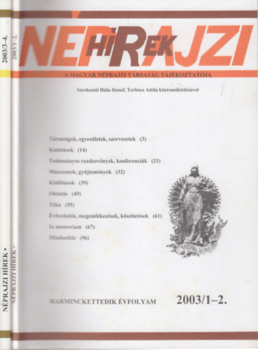 Hla Jzsef  (szerk.) - Nprajzi hrek 2003/1-4. (teljes vfolyam, 2 db. lapszm)