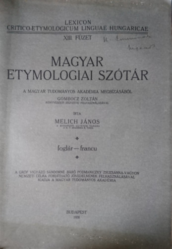 Melich Jnos - Magyar etymologiai sztr XIII. fzet