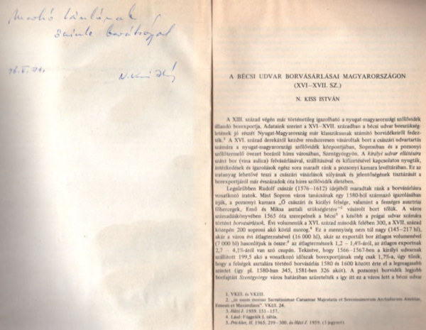 N. Kiss Istvn - A bcsi udvar  borvsrlsai Magyarorszgon ( XVI-XVII. sz. ) dediklt - klnlenyomat