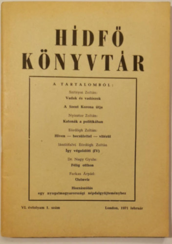 H�df� K�nyvt�r VI. �vfolyam 1. sz�m